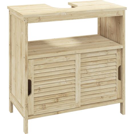 Meuble sous lavabo bambou, rangement salle de bain avec 2 portes, 60x30x60 cm, bois naturel (1/5)