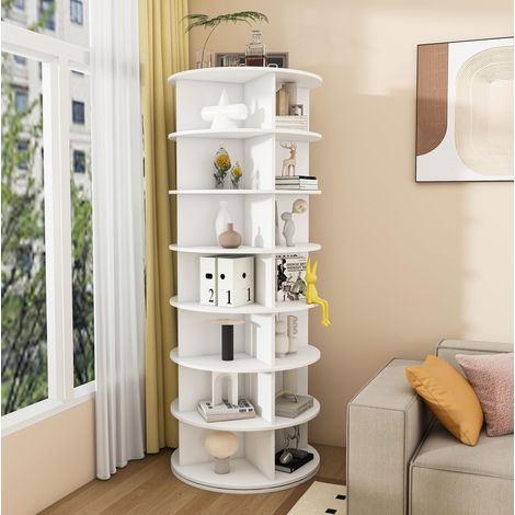 Zapatero giratorio (60x60x161 cm), 7 niveles, 360° rotatorio, para hasta 28 pares, PVC blanco (1/5)