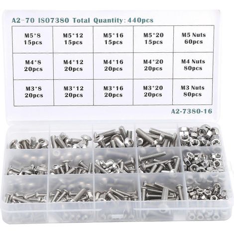 Assortiment de 440 vis à tête cylindrique creuse M3/M4/M5 avec écrous, fixations en acier inoxydable