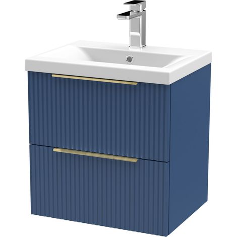 Fluted Front Wall Hung 2-Drawer Bathroom Vanity Unit with 1 Tap Hole Basin, 500mm, Satin Blue, Brushed Brass Handles