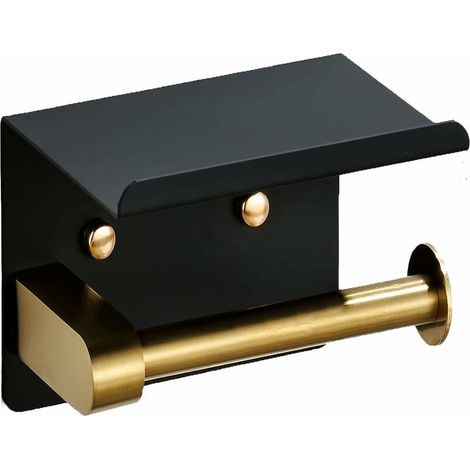 Portarrollos de papel higiénico con estante: portarrollos de papel higiénico autoadhesivo de pared, resistente a la corrosión, para baño, color negro y dorado.