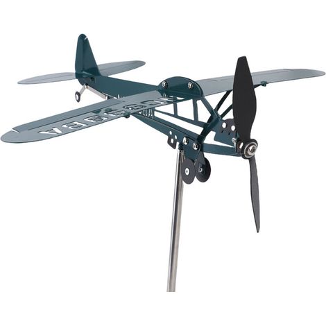 Girouette décorative en fer forgé vert foncé, représentant un avion et un moulin à vent, idéale pour décorer un jardin, une terrasse, une clôture ou un garage
