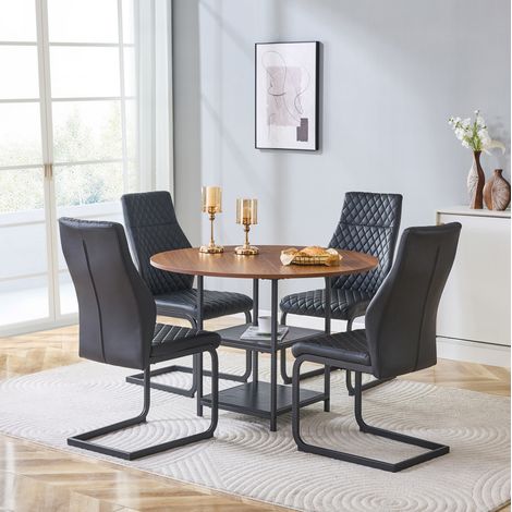 Set tavolo da pranzo rotondo con 4 sedie, Ø 107 cm, 2 ripiani, nero e noce DESVIAE (1/5)