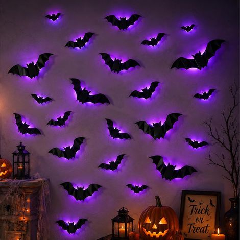 24 décorations LED chauve-souris, stickers muraux chauve-souris, décorations d'Halloween araignées, décorations d'Halloween citroui (1/5)
