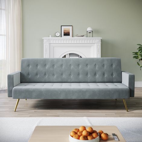 ELEGANT Modern Fabric Sofa Bed Click Clack Sofa Settee Recliner Couch, 3-levels Adjustable, Anti Slip Metal Legs, Velvet Cloth Fabric, Grey, 192x79x75cm (1/5)