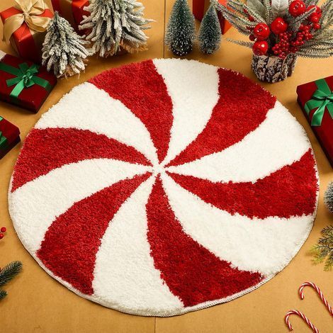 Tapis de salle de bain de Noël 60cm - apis de bain ronds lavables,Tapis de bain bonbon rouge blanc,d'hiver Tapis de bain antidérapants,Tapis absorbants Paillasson avec dos pour baignoire Salon Salle à (1/5)