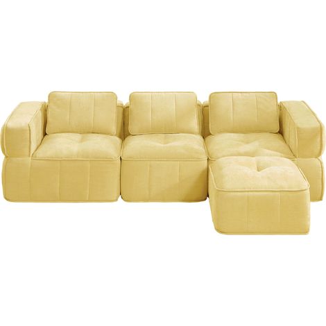 Divano modulare angolare 3 posti con 1 pouf, tessuto in poliestere giallo (1/5)