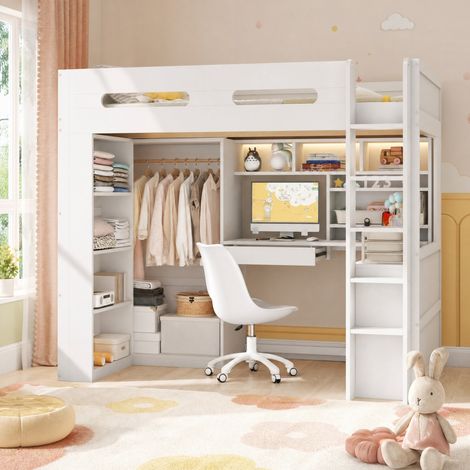 Etagenbett 90/200 cm blanco con escritorio, LED y almacenaje (1/5)