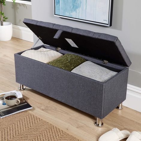 Storage Ottoman Dark Grey Padded Seat Buttoned Detailing Metal Legs Organised (1/5)