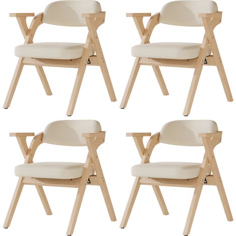 Chaises de salle à manger Lot de 4 Chaises de cuisine avec accoudoirs 45x45x76cm Cadre en bois massif Pliable et empilable Beige