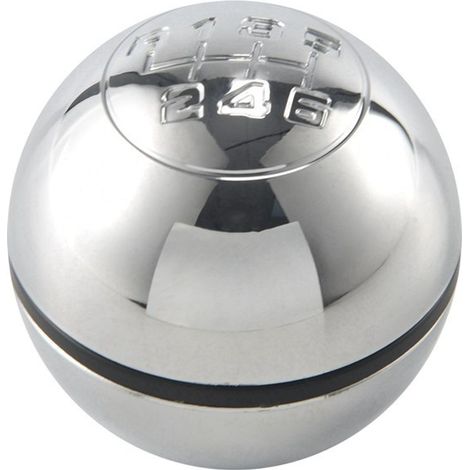 Ein glänzender, silberfarbener Schaltknauf aus Metall und Kunststoff, geeignet für 6-Gang-Schaltgetriebe, Schaltkugel. (1/4)