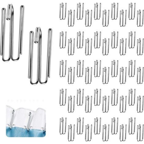 Lot de 50 crochets pour rideaux en acier inoxydable, crochets à plis pour rideaux, crochets avec 4 dents pour rideaux et anneaux de rideau sur rail, pour rideaux de douche et accessoires de rideau (1/5)