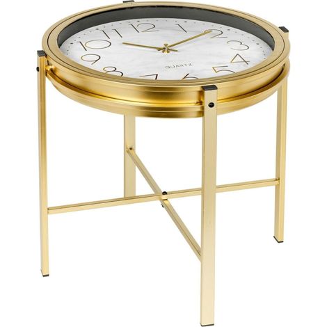 Mesa de centro de metal dorado con reloj para salón, decorativa, 42 x 40 cm. (1/5)