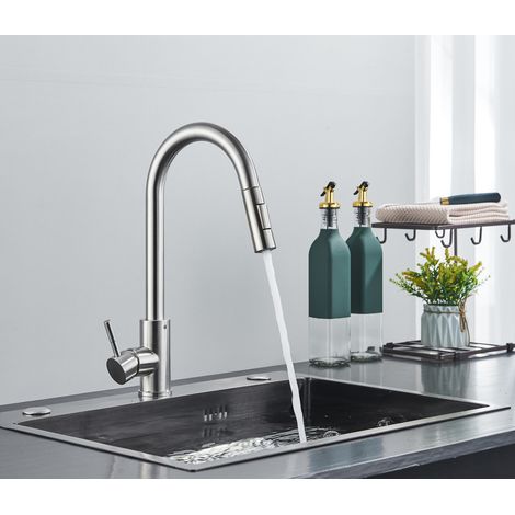 Robinet de cuisine 360 ° rotatif extracteur douche avec 2 buses robinet en acier inoxydable Nickel brossé (1/5)