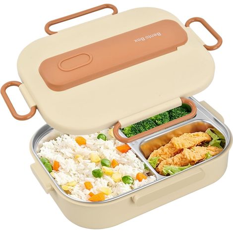 1 Boîte Repas,Acier Inoxydable,3 Compartiments,Couverts Inclus,Étanche,Micro-ondable,École,Bureau (1/5)