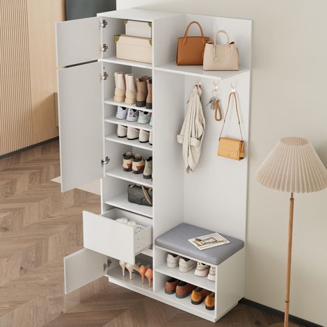 Appendiabiti indipendente con specchio, scarpiera e panca integrata, ganci, mobile da ingresso, MDF, bianco