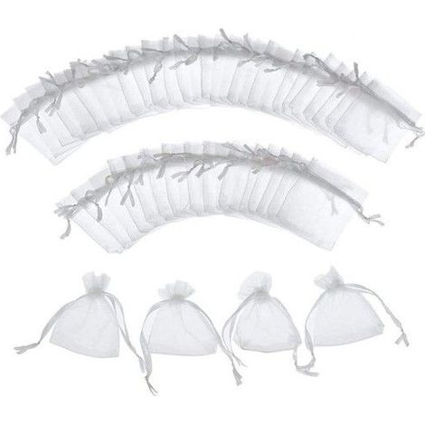 Sacs cadeaux en gaze - 100 sacs - Dimensions: 7x9 cm - Blanc - Gaze européenne durable - Fermeture par cordon satin (1/5)