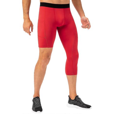 Leggings une jambe pour homme, poches latérales, pour l'entraînement de fitness et le basketball.-Large-Red (1/5)