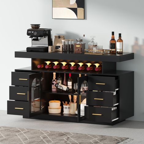 Meuble bar 140x40x82 cm avec cave à vin, 6 tiroirs, 2 portes vitrées, éclairage LED RGB, rangement bouteilles et verres pour cuisine salon salle à manger - Noir (1/5)