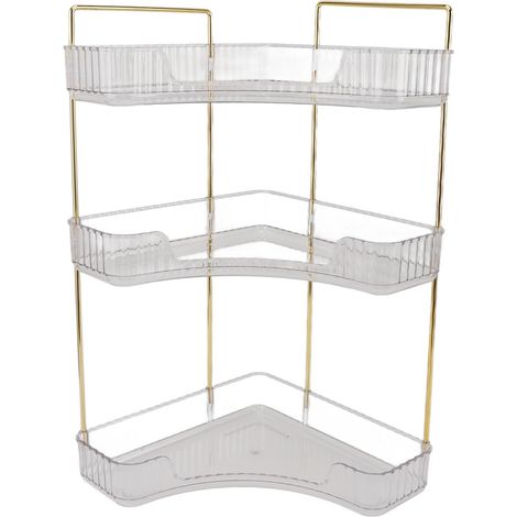 Étagère de maquillage transparente à 3 niveaux, rangement d'angle pour cosmétiques et soins de la peau, à poser sur le comptoir de la salle de bain. (1/5)
