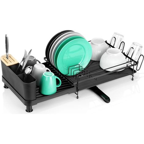 Expandable Black Metal Dish Drying Rack with Cutlery Holder (1/5)