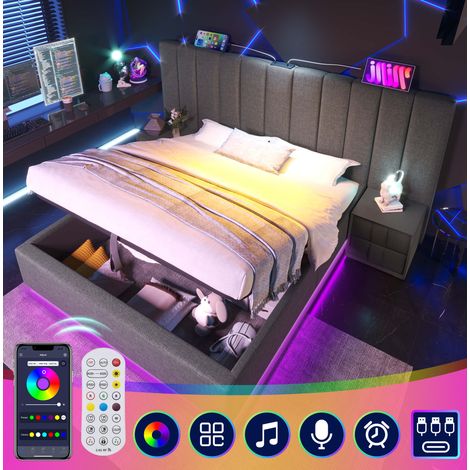 Letto contenitore matrimoniale 160x200 cm, con LED, USB e Type-C, rete a doghe, in tessuto grigio, senza materasso (1/5)