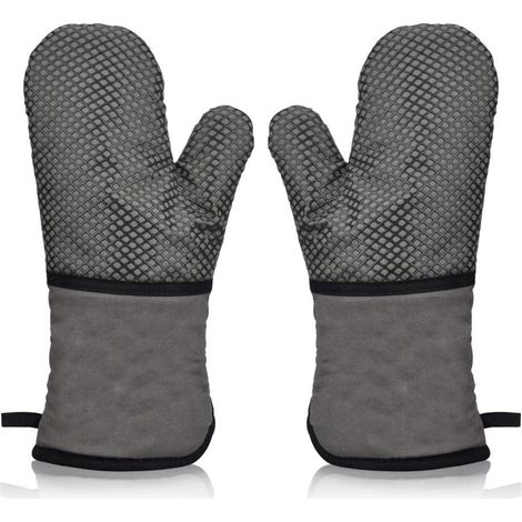Gants de Four Anti Dérapant Silicone Gant de Cuisine Double,Mitaine Four Thermique Résistant à la Chaleur Doux Long Coton Oven Gloves pour Cuisine Cuisson Barbecue Griller 1 Paire (Gris) (1/5)