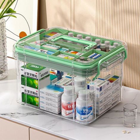 Pharmacie familiale 2 étages. Design optimisé pour rangement médicaments et premiers soins. (1/4)