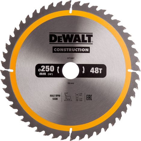 DEWALT Stationary Construction Circular Saw Blade 250 x 30mm x 48T DEWDT1957QZ