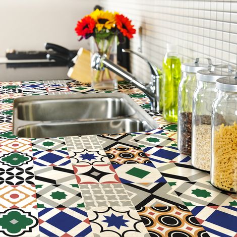 Sticker Mural Carrelage adhésif Cuisine Salle de Bain - 30 STICKERS CARREAUX DE CIMENT MEUBLE HERRERO - 30stickers10x10cm (1/5)