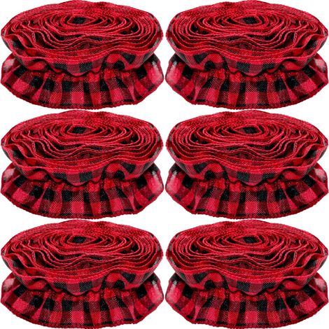 Guirlande de ruban d'arbre de Noël Ornement de Noël à carreaux de buffle, 9 pieds X 6 rouleaux Guirlande de ruban d'arbre en tissu à carreaux de buffle rouge et noir, décoration de maison de Noël