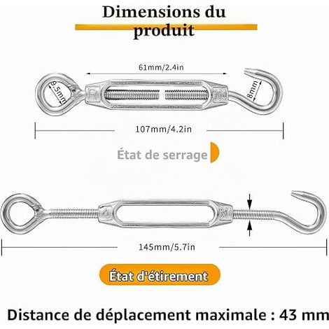 Wire Tensioner Tensioner M4 Stainless Steel 304 Adjustable Turnbuckle Hook And Eye Set Heavy Duy, with Hooks and Eyelets Corrosion Resistant for Wire Rope (1/4)