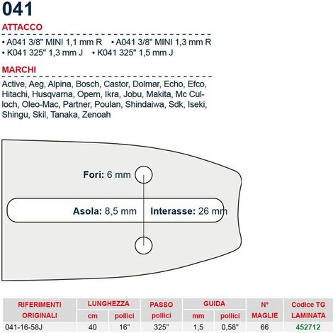 Barra motosega 40 cm - 16" passo .325" Spessore 1.5 mm - .058" attacco 041 - 452712