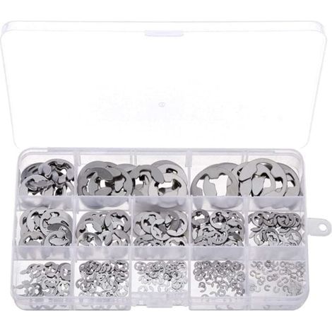 AIPERQ Lot de 400 anneaux élastiques externes de type E, assortiment d'anneaux élastiques en acier inoxydable pour cannelure d'arbre de machine avec boîte d'emballage (1/4)