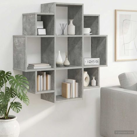 Étagère murale 9 compartiments en bois d’ingénierie gris béton 90 x 25 x 90 cm - PANGIVO (1/5)