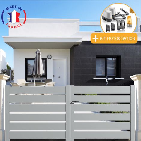 Portail aluminium battant SAH en kit + Motorisation dimensions L.4000 (entre piliers) X H.1980 mm LOCKYVIA (à bras) Couleurs Gris clair (RAL 7035)