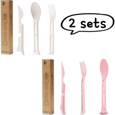 Ensemble de couverts 3 en 1 en paille de blé comprenant cuillère fourchette et couteau réutilisables et portables pour voyage pique nique et camping 2 pièces couleurs blanche et rose (1/5)