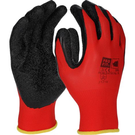 PRO FIT Latex-Feinstrickhandschuh SUPER – Größe 9 - 12 Paar, Arbeitshandschuhe atmungsaktiv, Rot/Schwarz, mit gerauter Beschichtung (1/5)