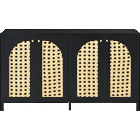 Aparador moderno minimalista negro, 4 puertas efecto ratán, MDF y aglomerado (1/5)