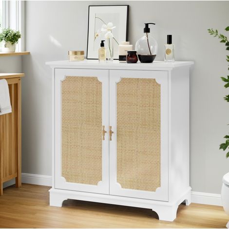 Buffet de cuisine avec portes en rotin, étagères et pieds en bois massif, blanc, 38x80x86 cm, pour salon et salle à manger (1/5)