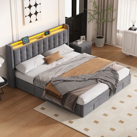 Lit 180x200 cm avec rangement, tiroirs, port USB et éclairage d'ambiance en velours gris foncé OKMYHOME (1/5)