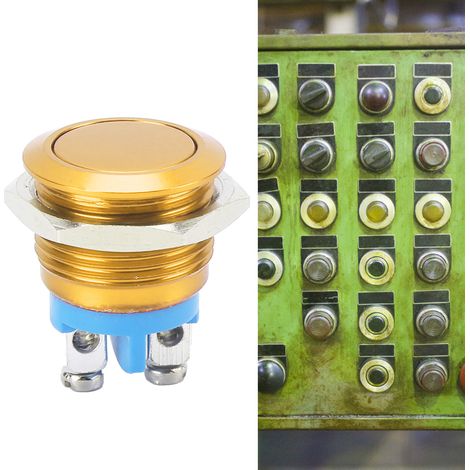 16 mm Flachkopf-Metall-Drucktaster, vollständig eloxiert, selbstrückstellend, Kippschalter, 220 V, gelb. (1/5)