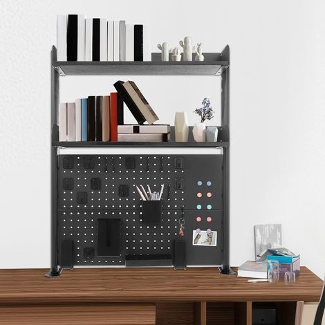 Clamp On Desk Organizer Shelf Desktop Bookshelf with Pegboard Hanging System, 16.5lb Load Capacity & Adjustable Height for Study Room Desktop Storage and Organization 95×80×12.5 cm – Black (1/5)