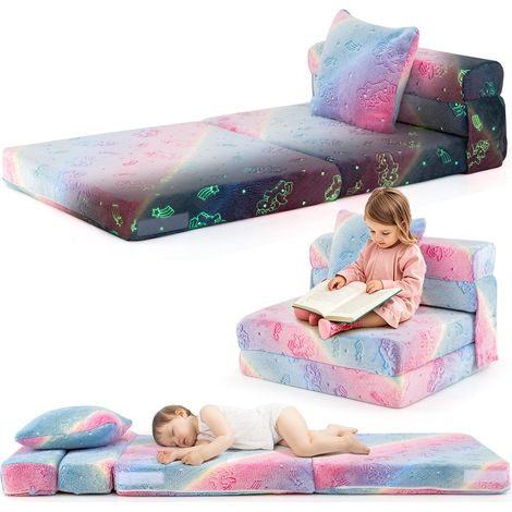 COSTWAY Divano Pieghevole per Bambini, Materasso in Schiuma da Pavimento Luminoso al Buio con Cuscino e Copertura Lavabile in Lavatrice, Letto per Bambina (1/5)