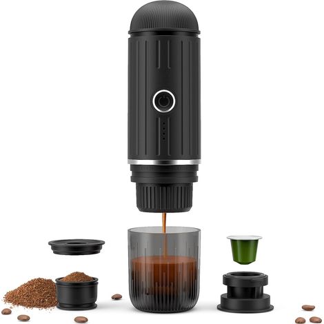 Cafetera espresso portátil recargable eléctrica de 12 V con calentamiento con un solo clic, cafetera automática compatible con cápsulas NS y café molido para camping, viajes y el hogar (negra). (1/5)