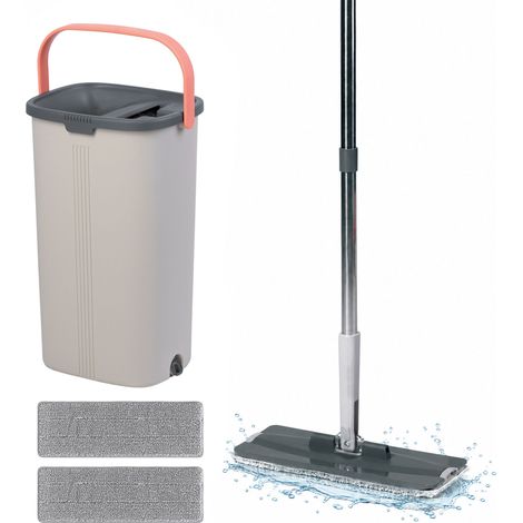 Relaxdays Set mop piatto con secchio 5L, 2 scomparti, raschiatori, 39x19x24,5 cm, 2 panni microfibra, grigio (1/5)