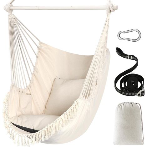Sièges Suspendus Chaise Hamac Balançoire Suspendue Max 500 Lbs 2 Coussins Inclus Barre d'écartement en Métal avec Rainures Antidérapantes Portable Poche Latérale Grande Chaise bohémienne (1/5)