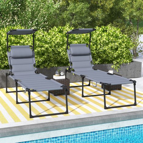 Lot de 2 Bains de soleil transats pliables grand confort dossier pare-soleil réglables multi-positions, gris
