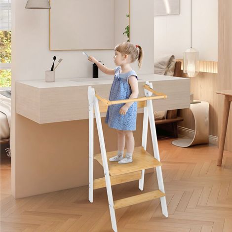 Tour Montessori Pliable, Réglable en Hauteur sur 3 Niveaux, Facile à Assembler, Tour d'observation Montessori en Bambou, Blanc (1/5)