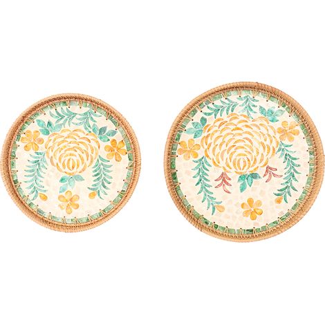 2 Stück gewebte Snacktabletts, rund, umweltfreundlich, traditionell handgefertigt, kunstvoller Stil, Rattan, dekoratives Speisetablett mit Pfingstrosenmuster (1/5)